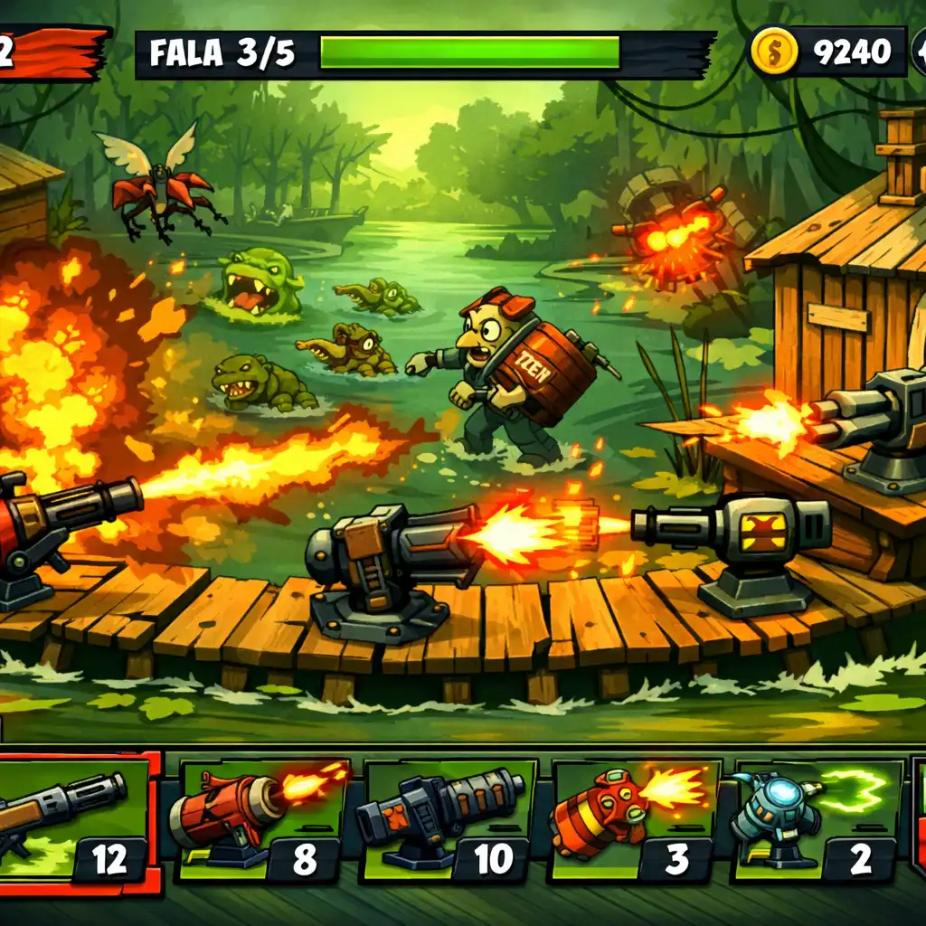 Widok z rozgrywki Swamp Attack 2: plansza obrony bagna z broniami i falami potworów