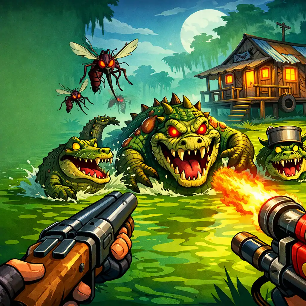 Dynamiczna scena z gry Swamp Attack 2: bagno z bronią skierowaną w stronę zmutowanych potworów