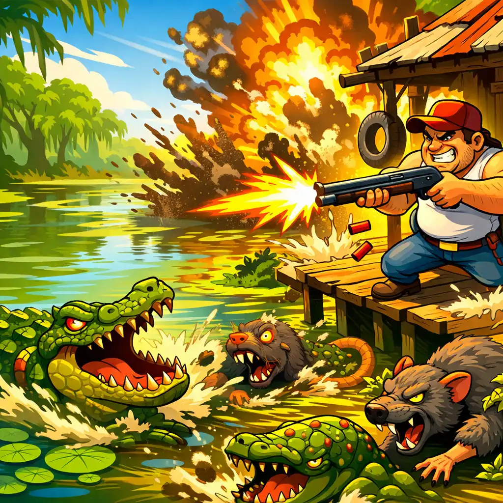 Dynamiczna scena z gry Swamp Attack 2: bagno z chatką na palach, wokół zmutowane aligatory i szczury atakujące, bohater z shotgunem broni posesji